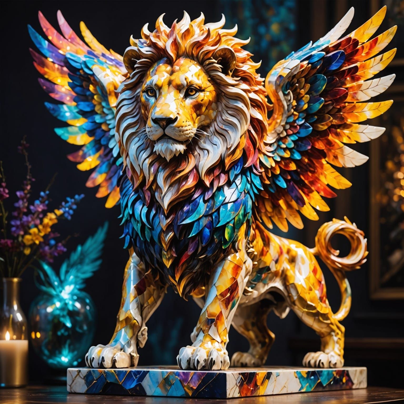 Glowing Marble Winged Lion Statue in Vibrant Art Style