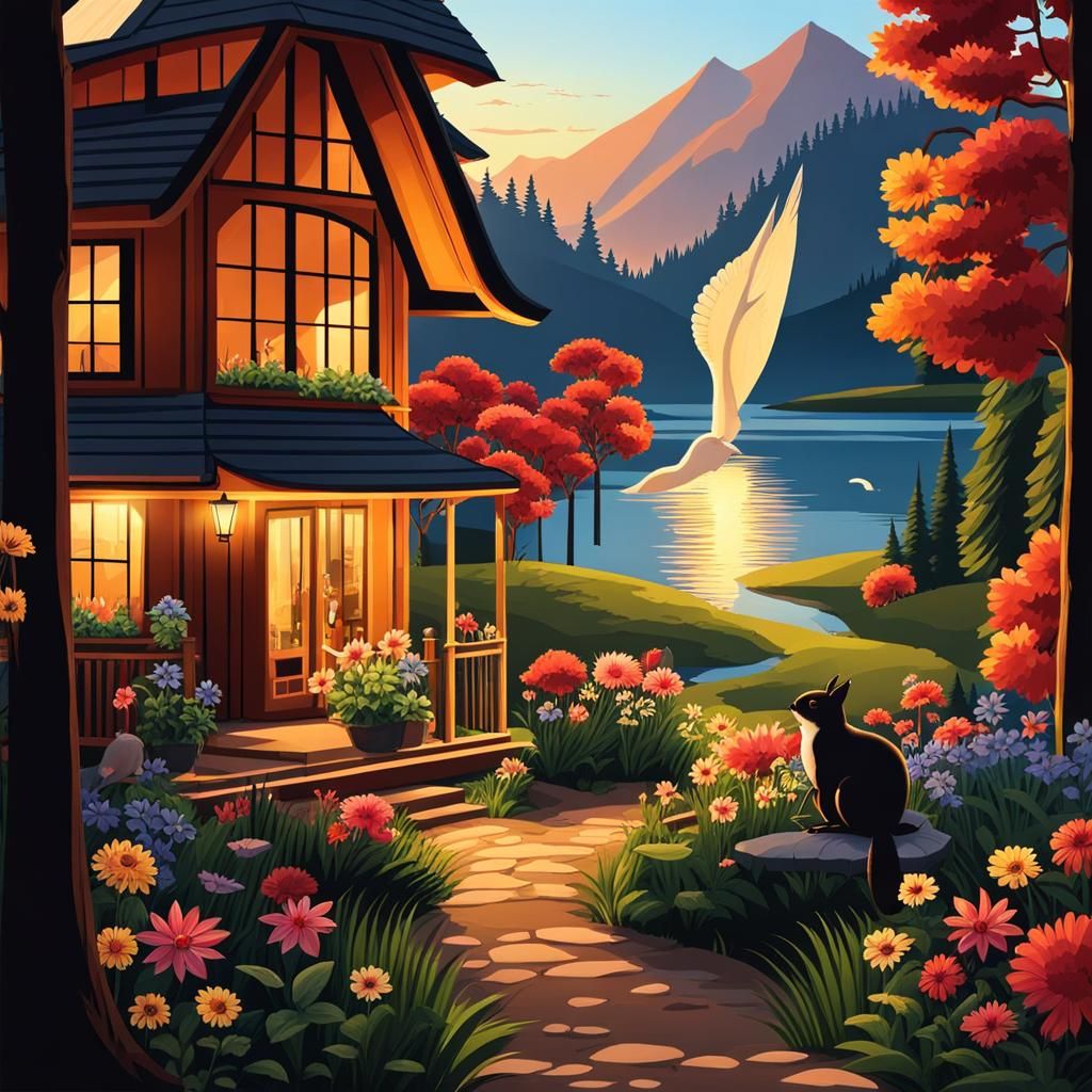 Tranquil Mountain Sunset with Animals