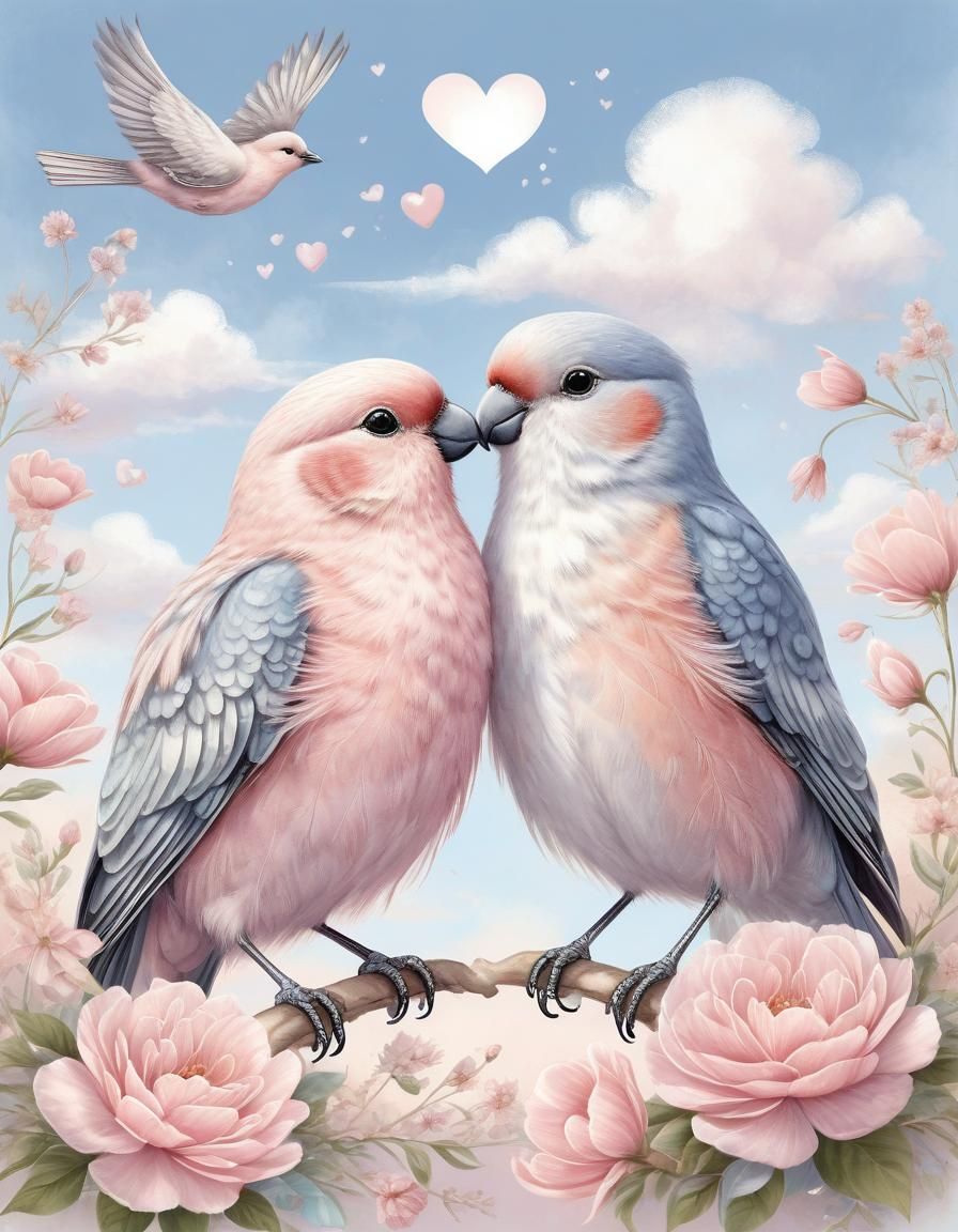 Romantic Birds with Heart-Shaped Gift Illustration
