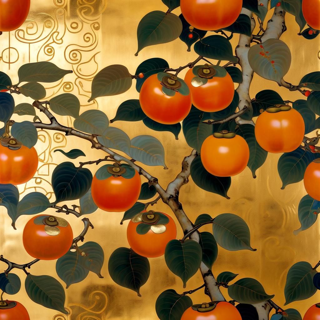 Persimmon in Klimt Style with Gold Leaf
