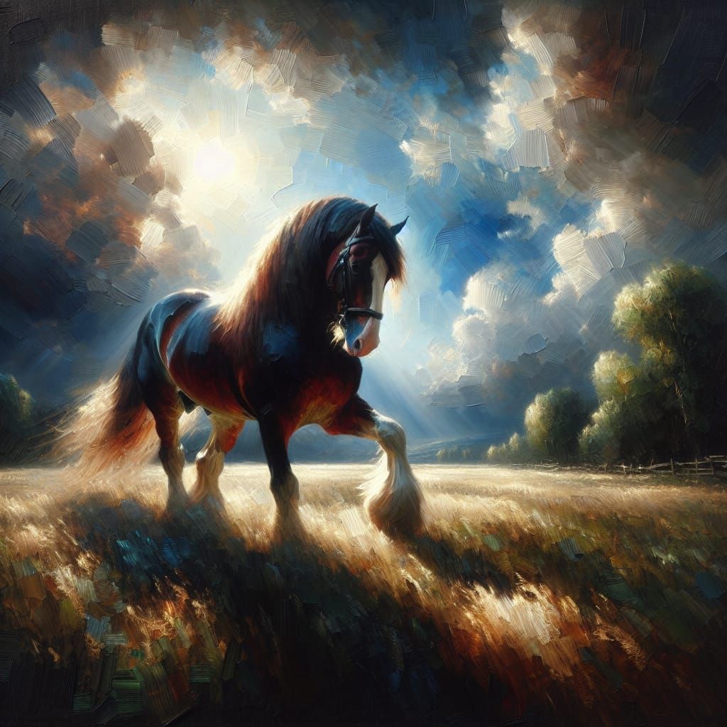 Majestic Clydesdale Elegantly Pacing in Golden Light