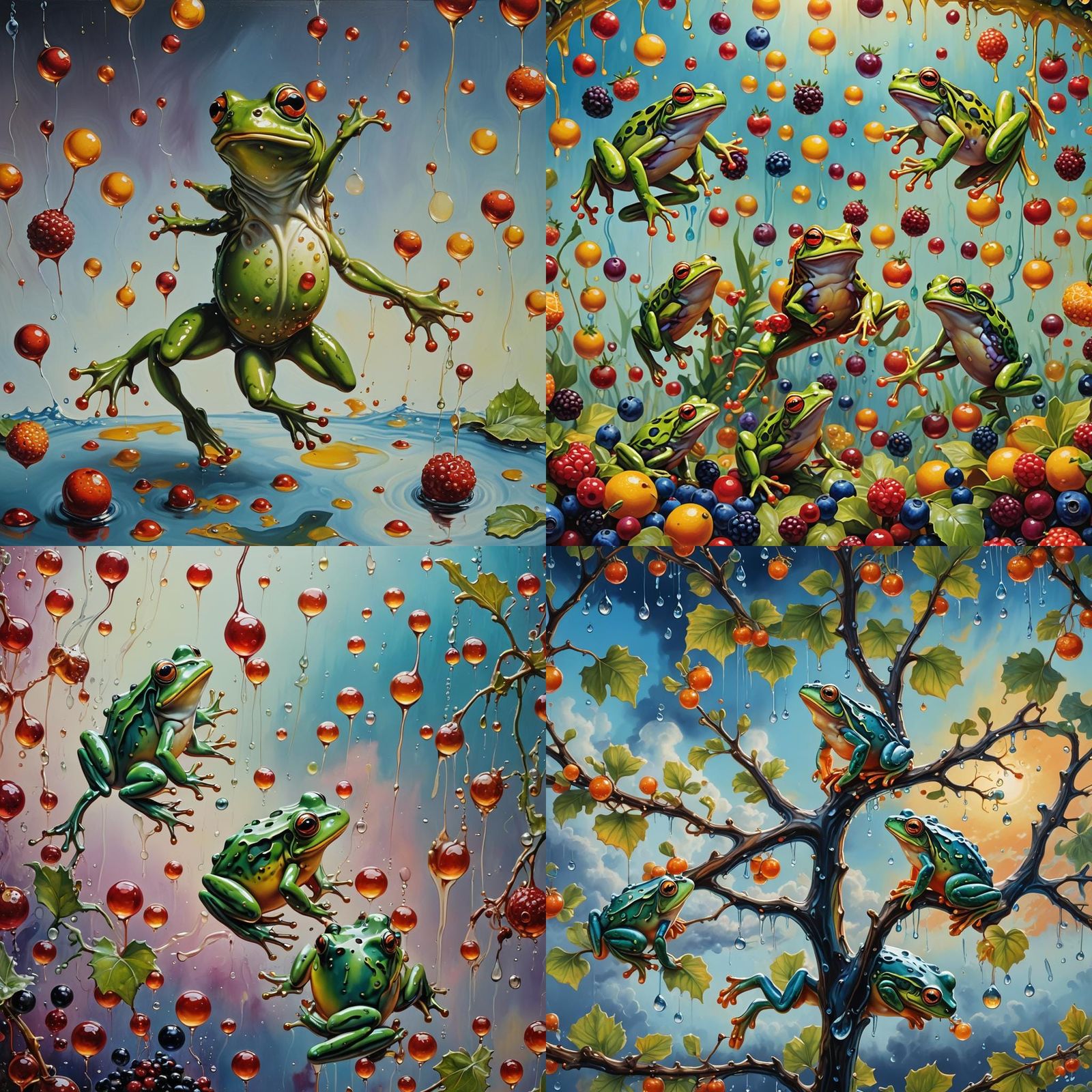 Surreal Frogs Enjoying Berries, Salvador Dali Style