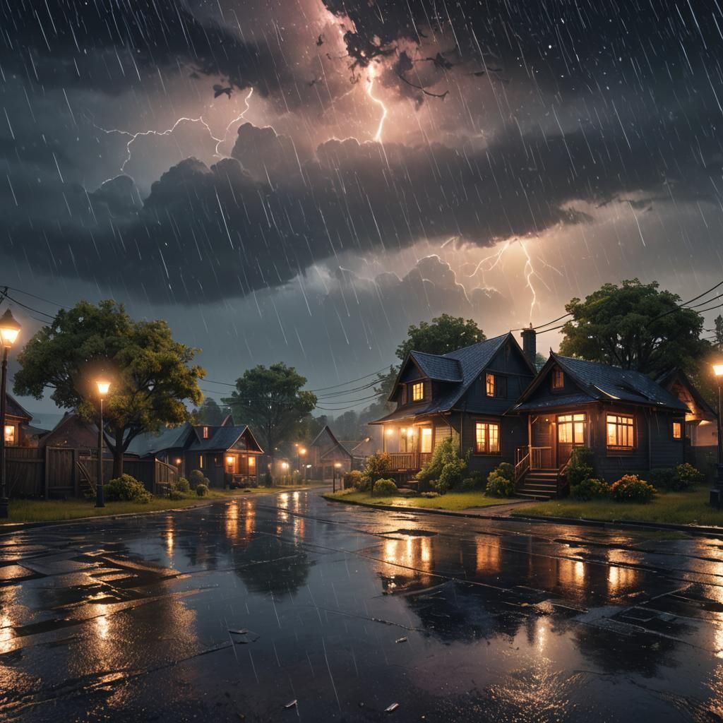 Rainy Night Landscape Through Window, Digital Art