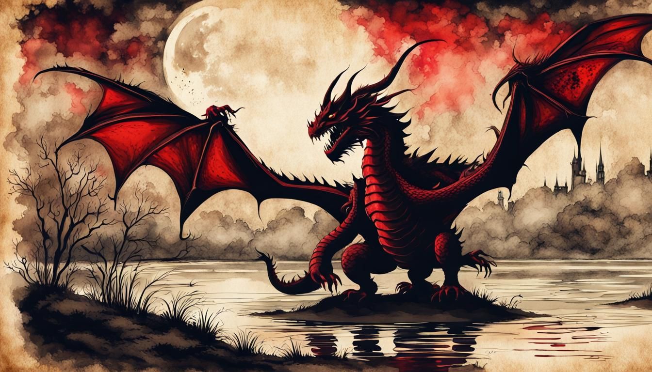 Steampunk Dragon Silhouette in Ink Painting Style