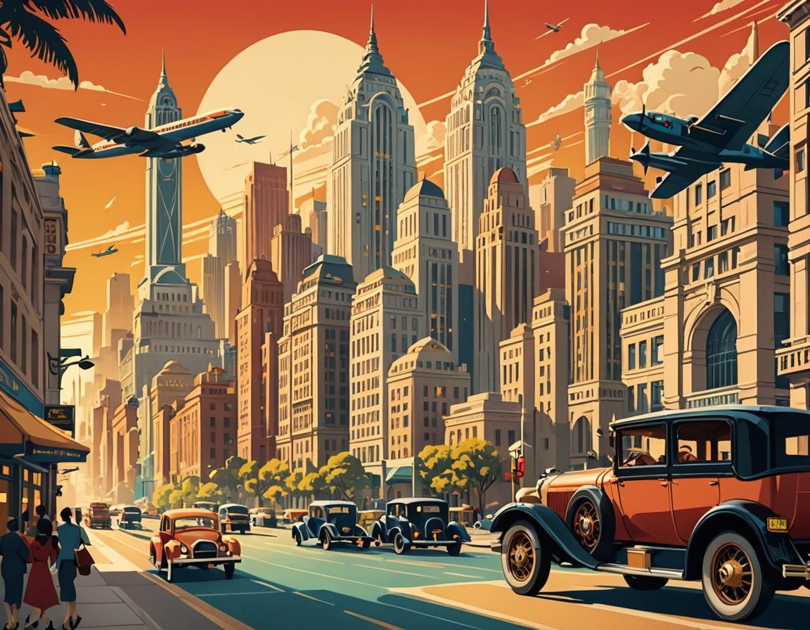 Vintage City Travel Poster in 1920s Style
