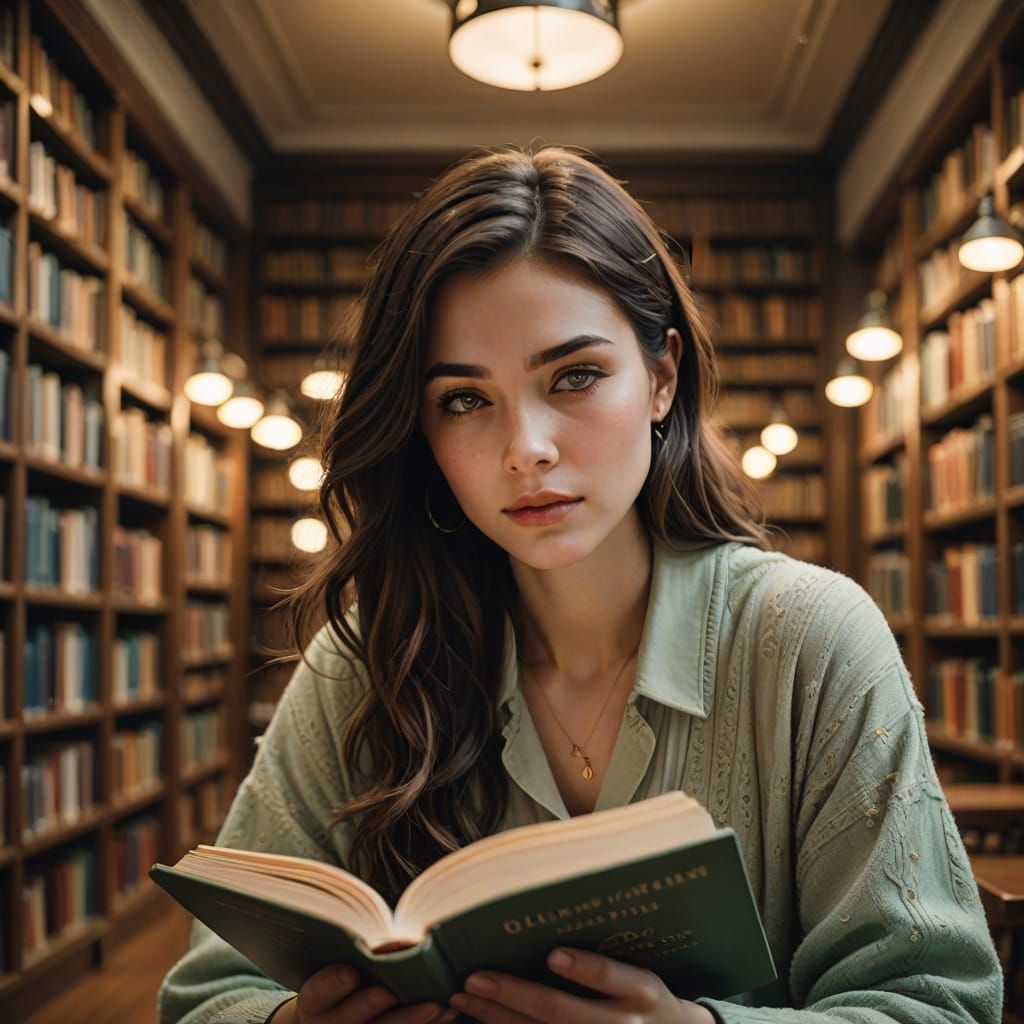 Elegant Girl Reads in a Cozy Library