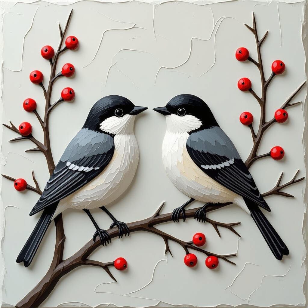 Textured Impasto Birds on Winter Branch