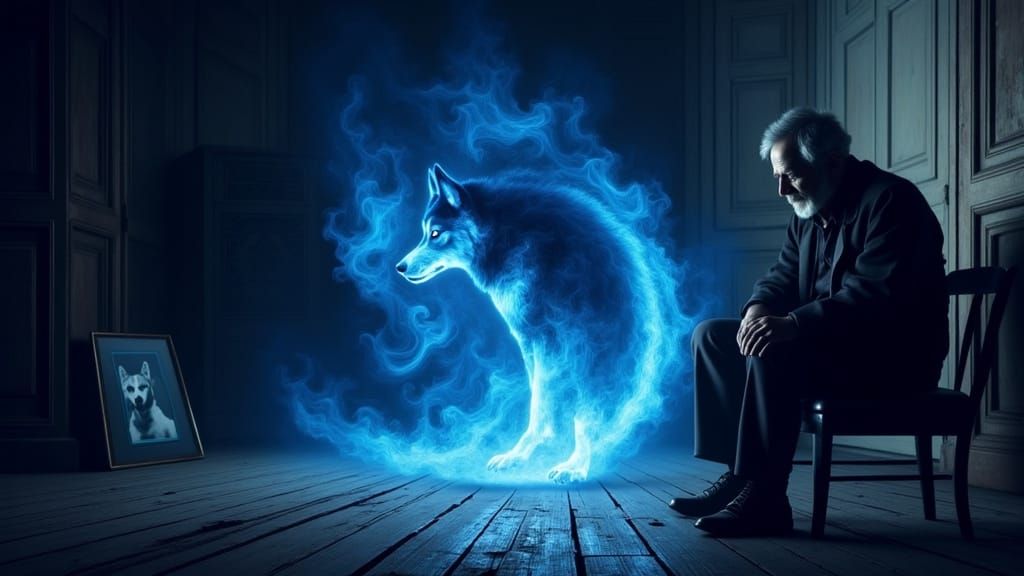 Majestic Husky of Swirling Blue Flames Sits Serenely on Worn...