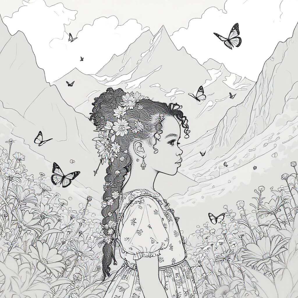 Black Girl in Floral Valley with Mountains and Butterflies