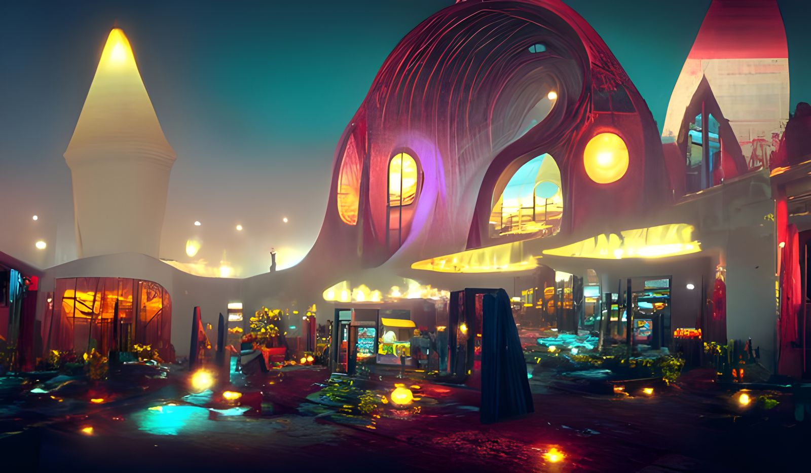 Surreal Alien Cafe at Night in Brutalist Style