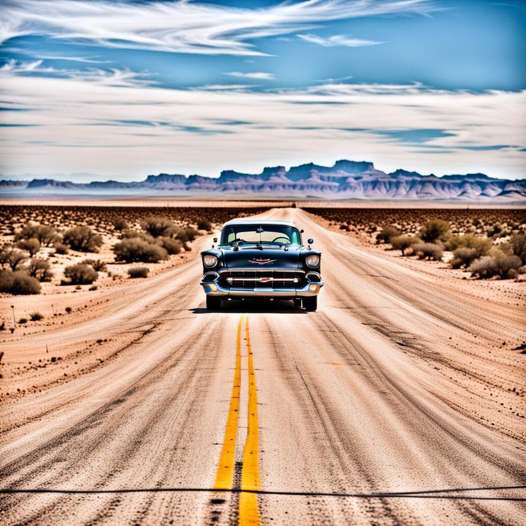 Driving down route 66 in a 1957 chevy in the desert.