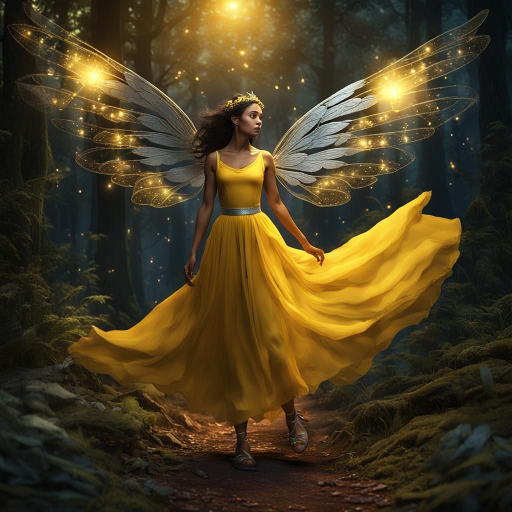 Hispanic Fairy Lights Up Forest at Night