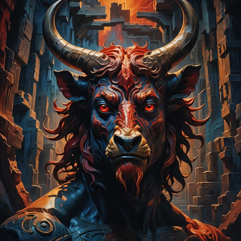 Minotaur in Labyrinth: Surreal Close-Up in Fiery Hues