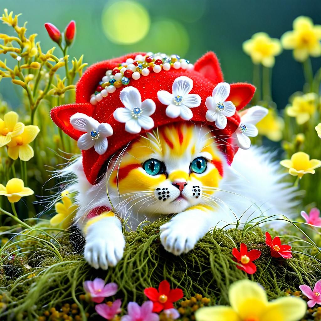 Kitten with Flower Hat in Dreamy Style