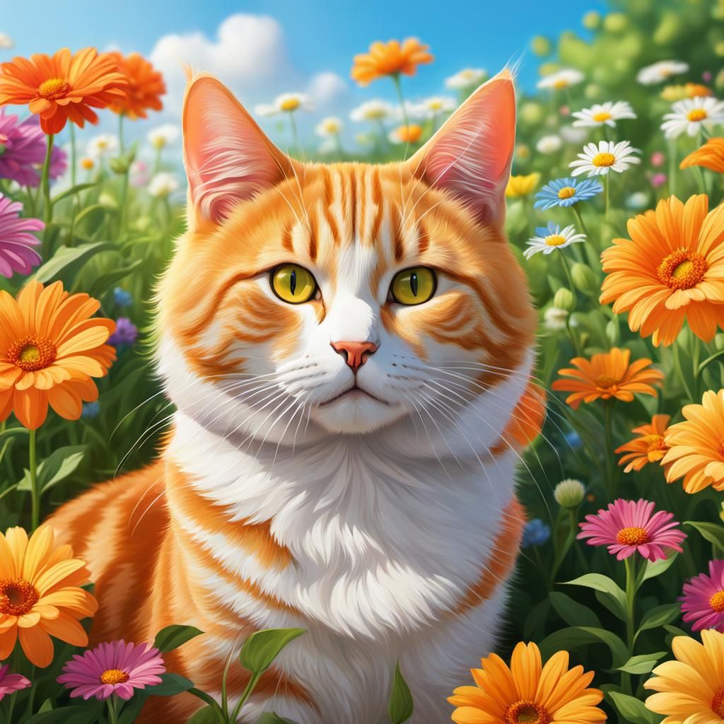 Orange Tabby Cat in Colorful Flower Field
