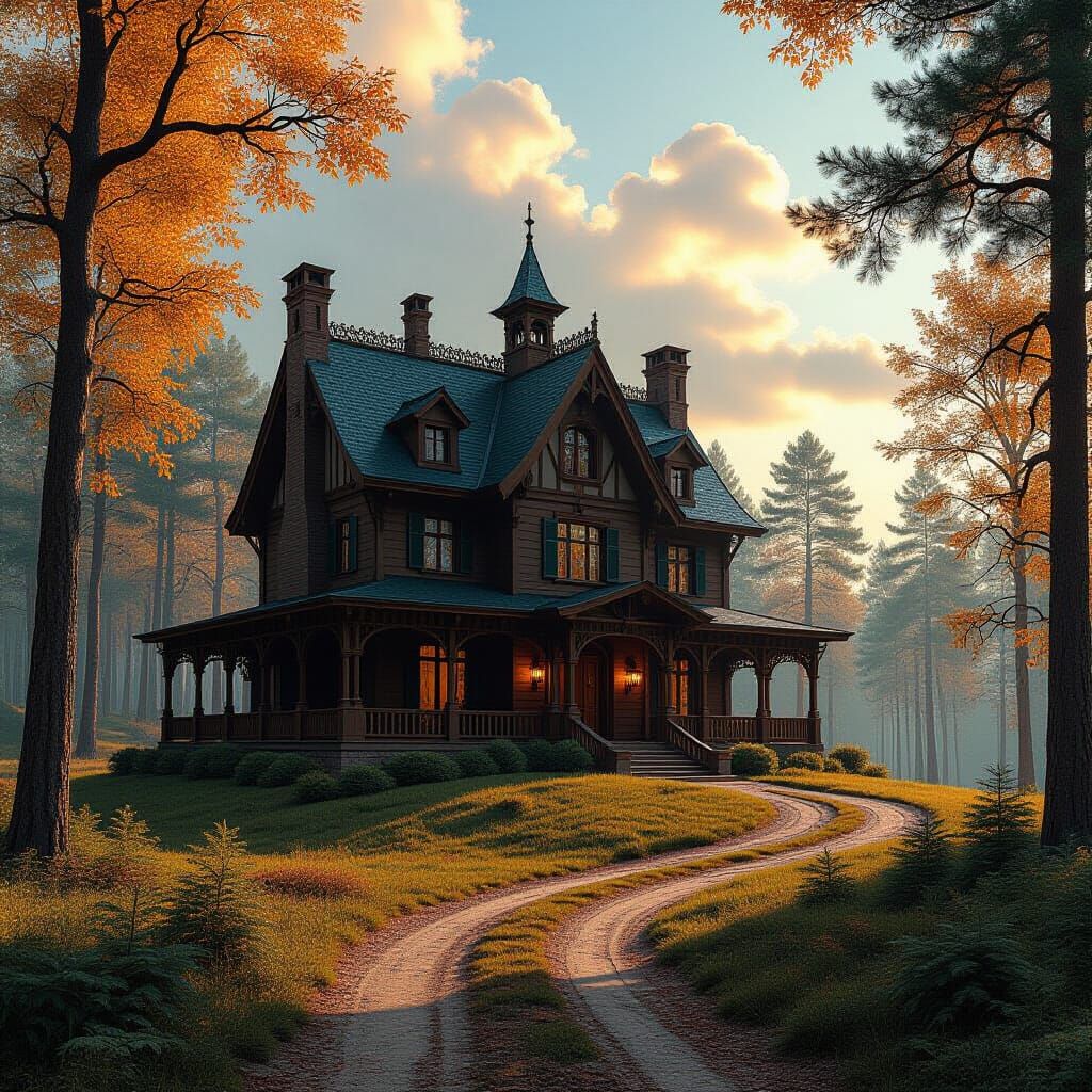 Majestic Forest Manor in Matte Painting Style