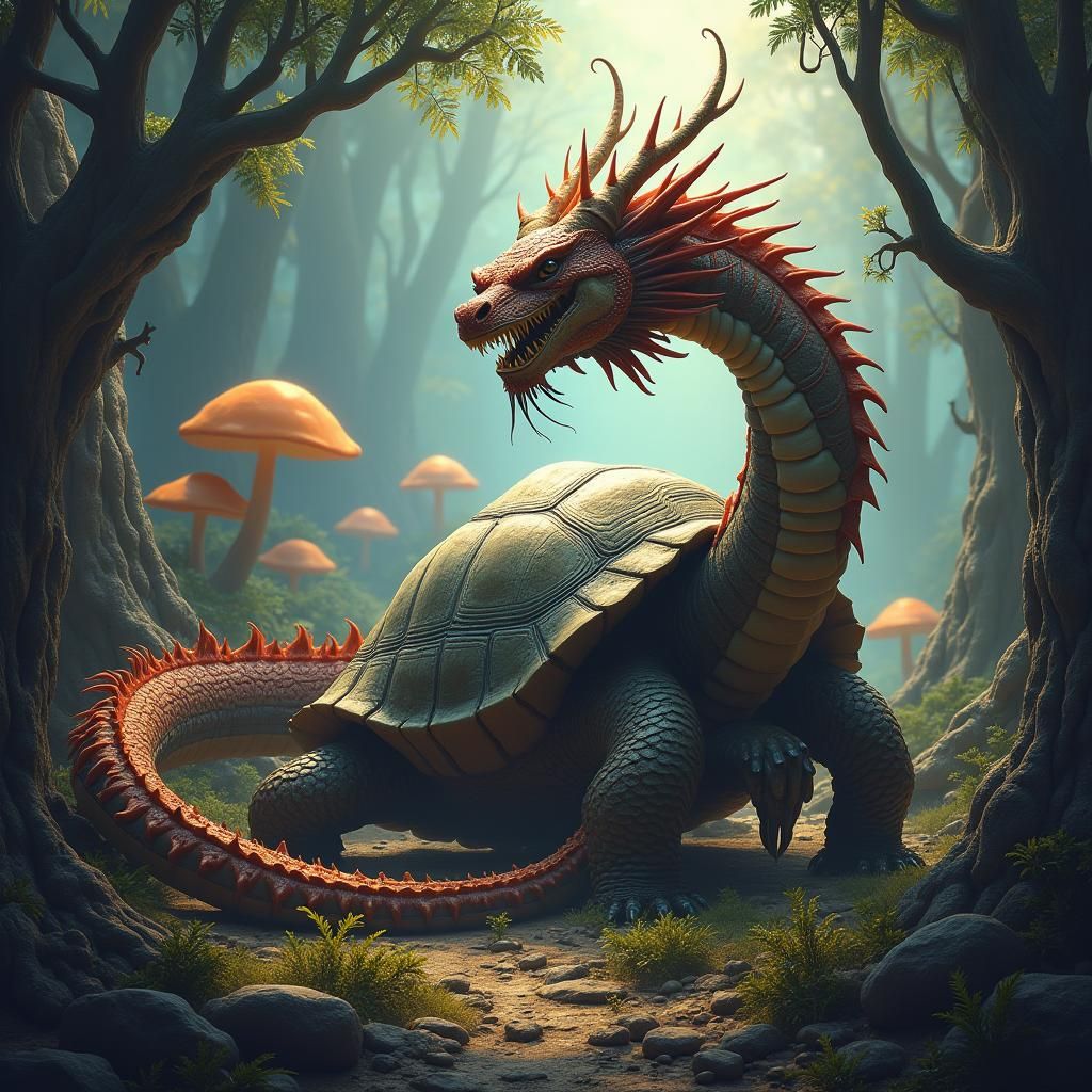 Dragon and Tortoise in Mystical Landscape