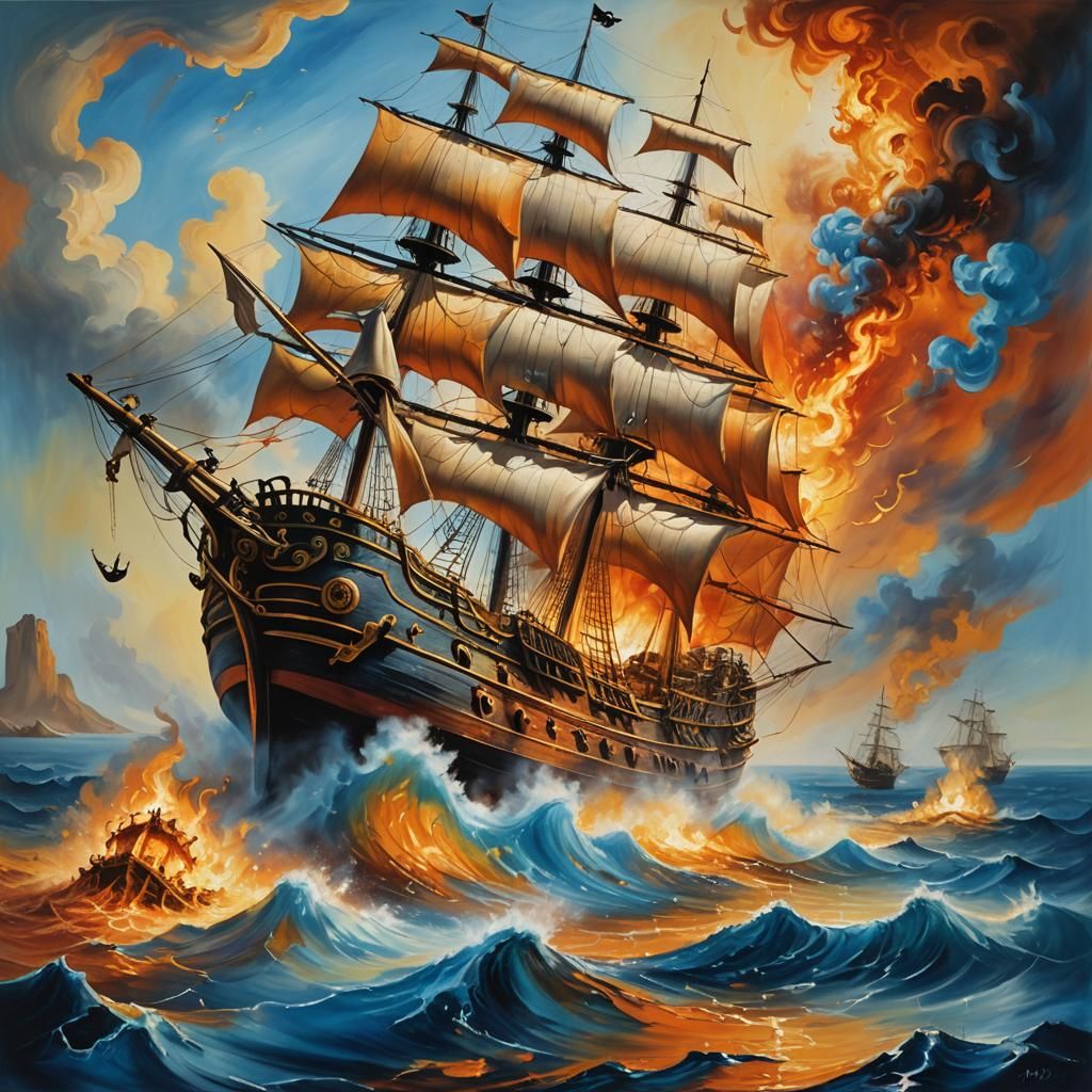 Surreal Pirate Ship Battle on Melting Canvas