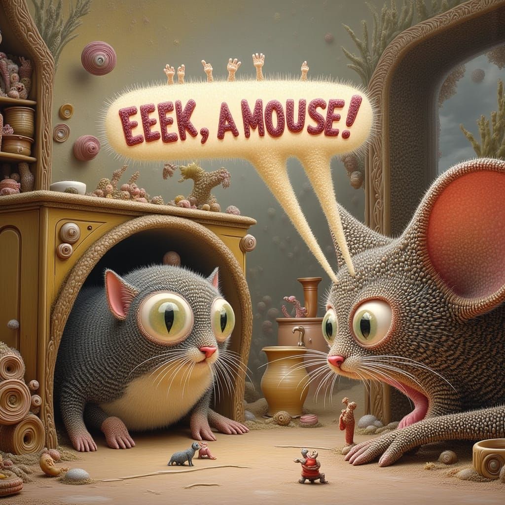 Cat Backed into Corner by Two-Headed Mouse, Oil Painting