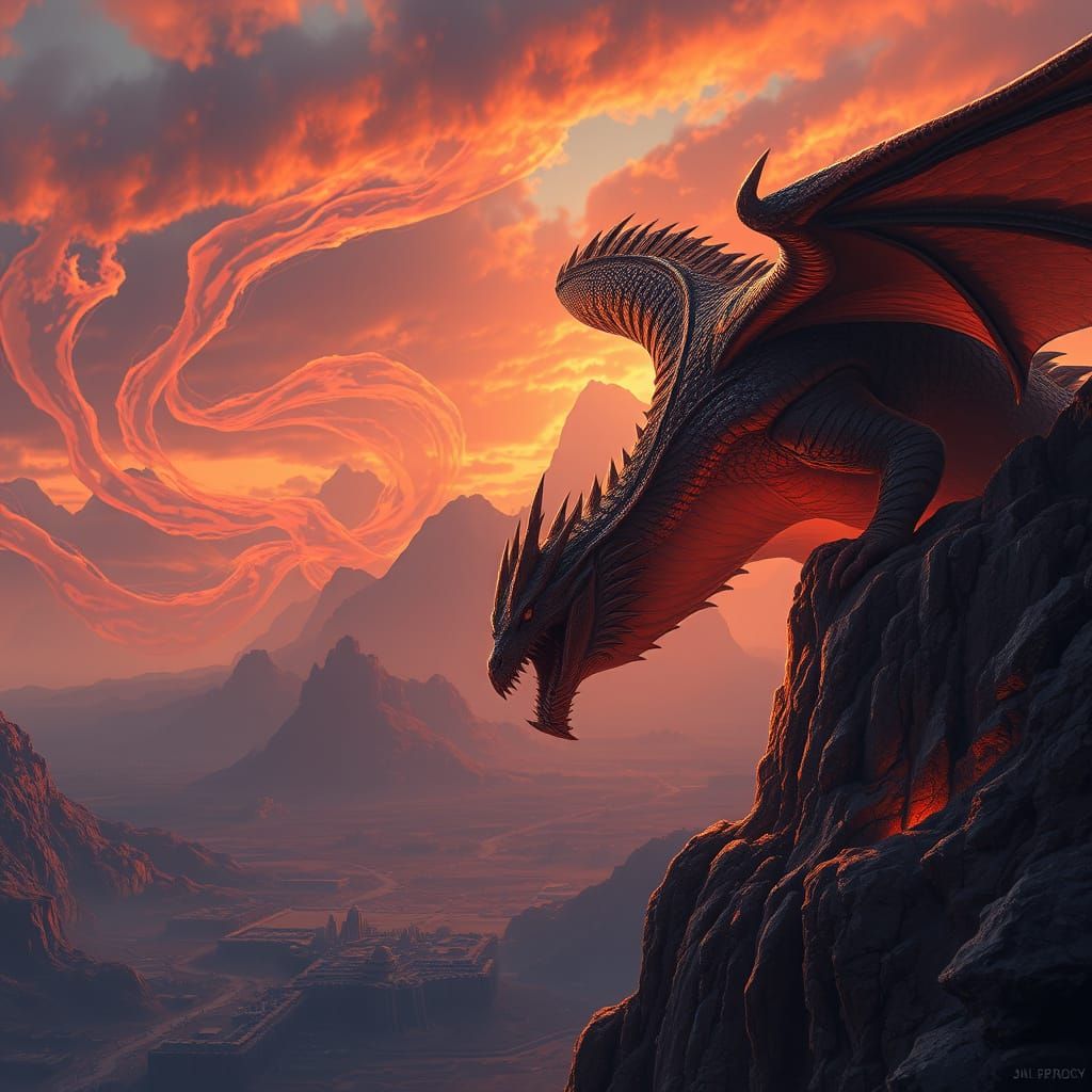 Dragon on Cliff at Sunset: Hyperrealistic Digital Art