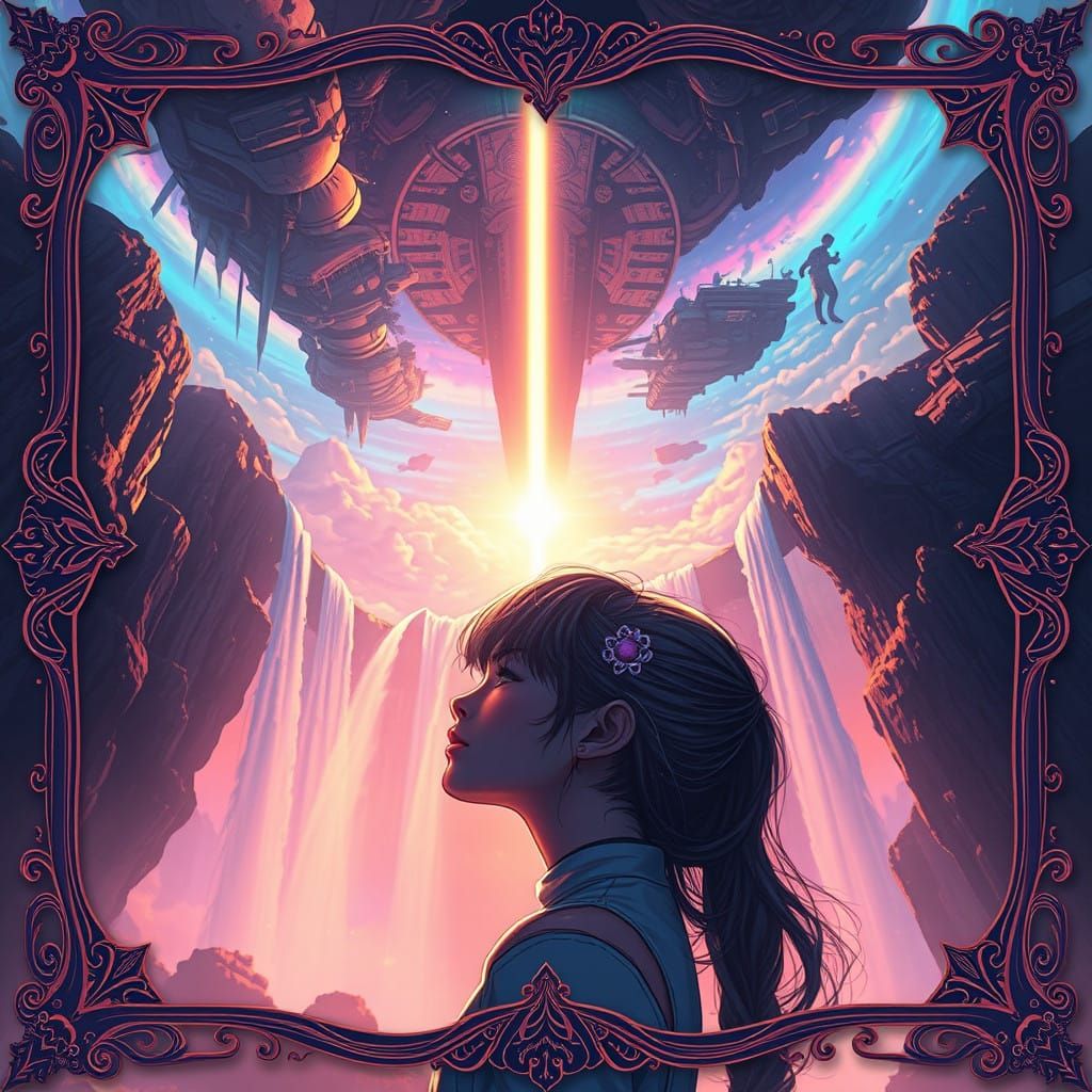 Dreamlike Girl in Upside-Down Waterfall Landscape with Radia...