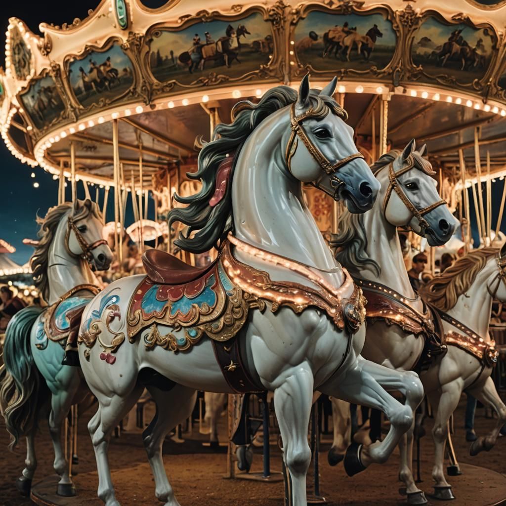 Majestic Horses on Merry-Go-Round in Cinematic Night