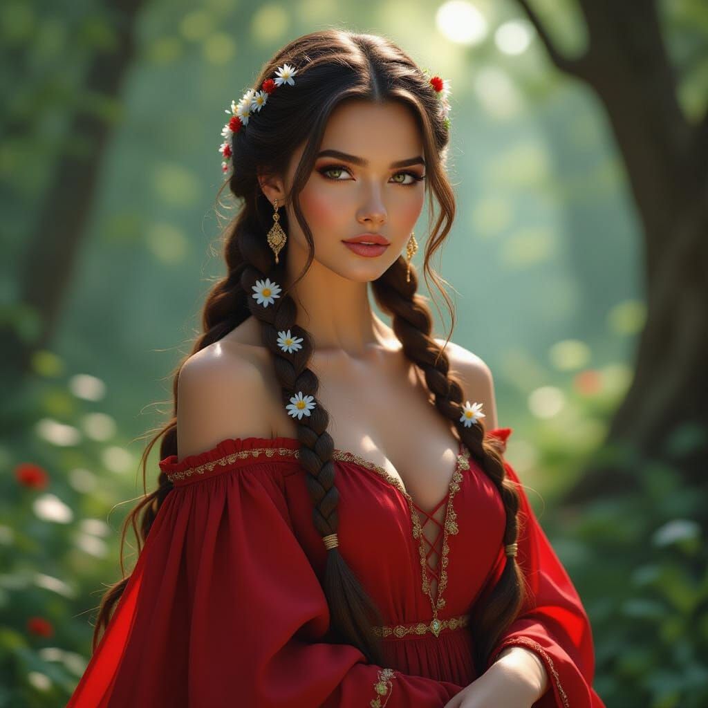 Woman with Braids and Wildflowers: Hyperrealistic Digital Ar...