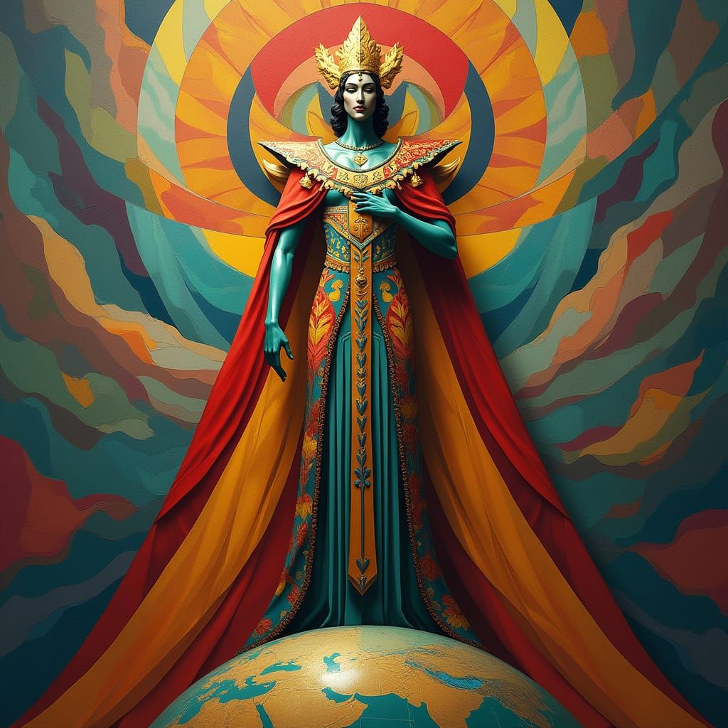 Regal Figure Surveys Kingdom in Art Deco-Inspired, Cubist Ma...