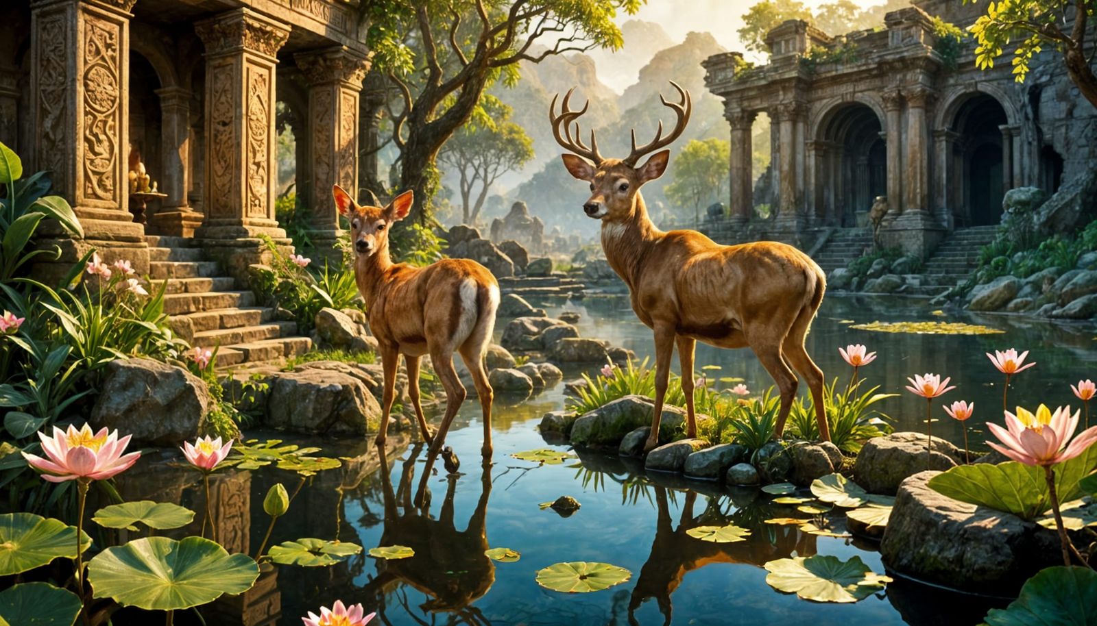 Jungle Ruins with Deer: Impressionistic Oil Painting