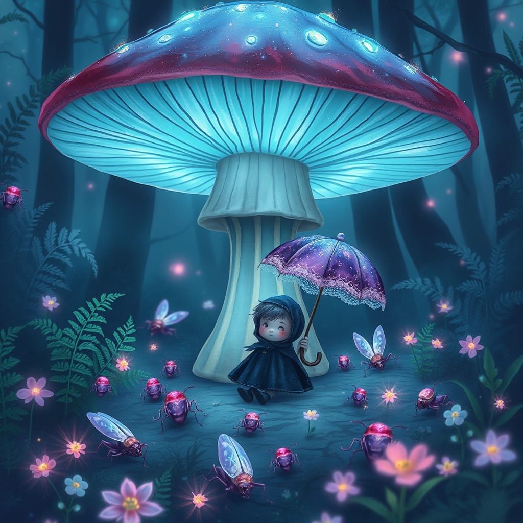 Tiny Sprite Cowers Beneath Glowing Mushroom in Whimsical Bio...