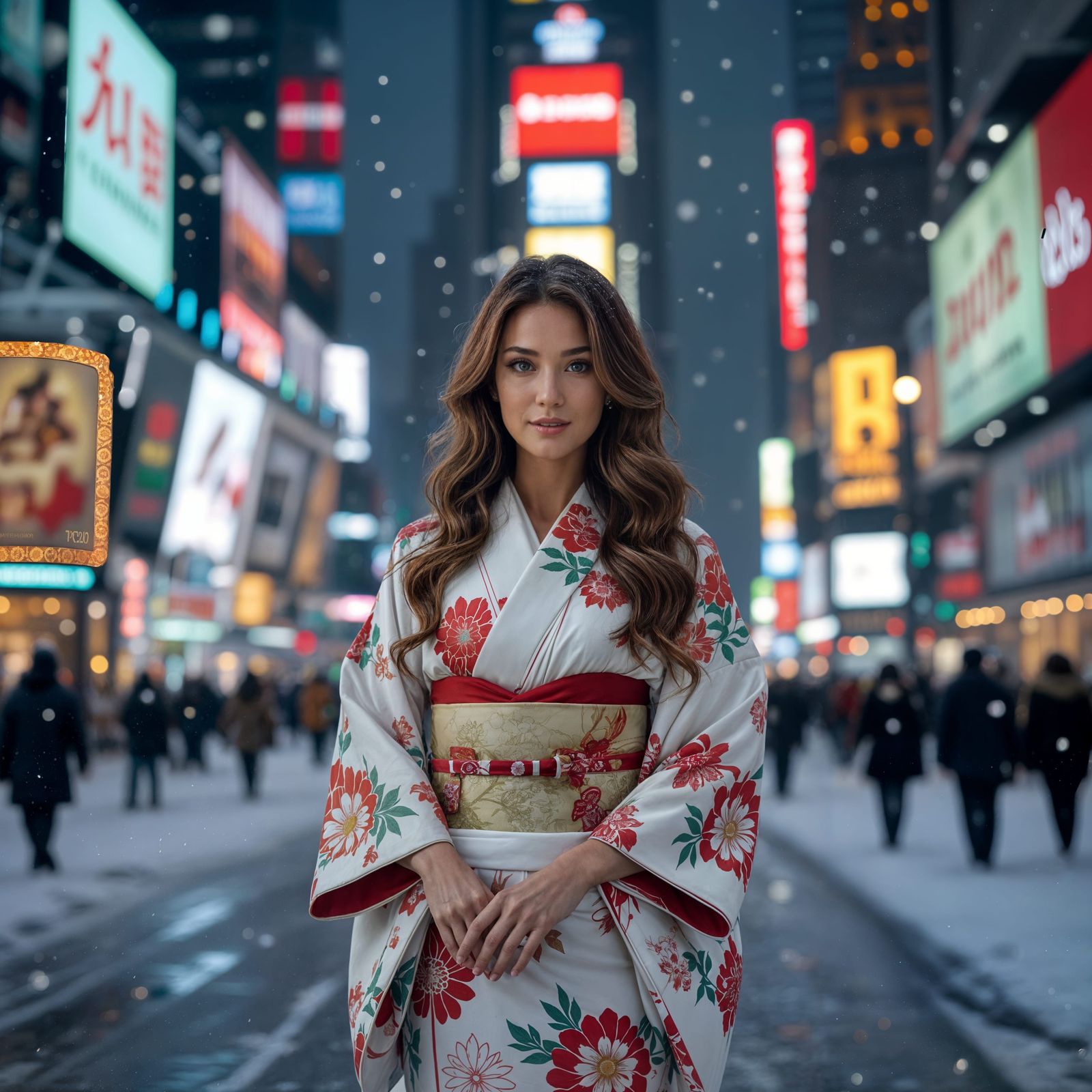 Model in Kimono Posing in Times Square