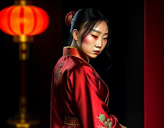 Ethereal Chinese Concubine in Red Embroidered Robes
