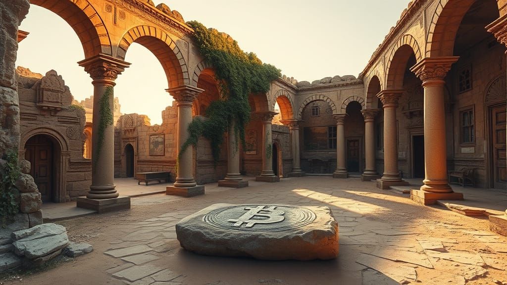 Bitcoin in Ancient Desert Ruins: Watercolour Art