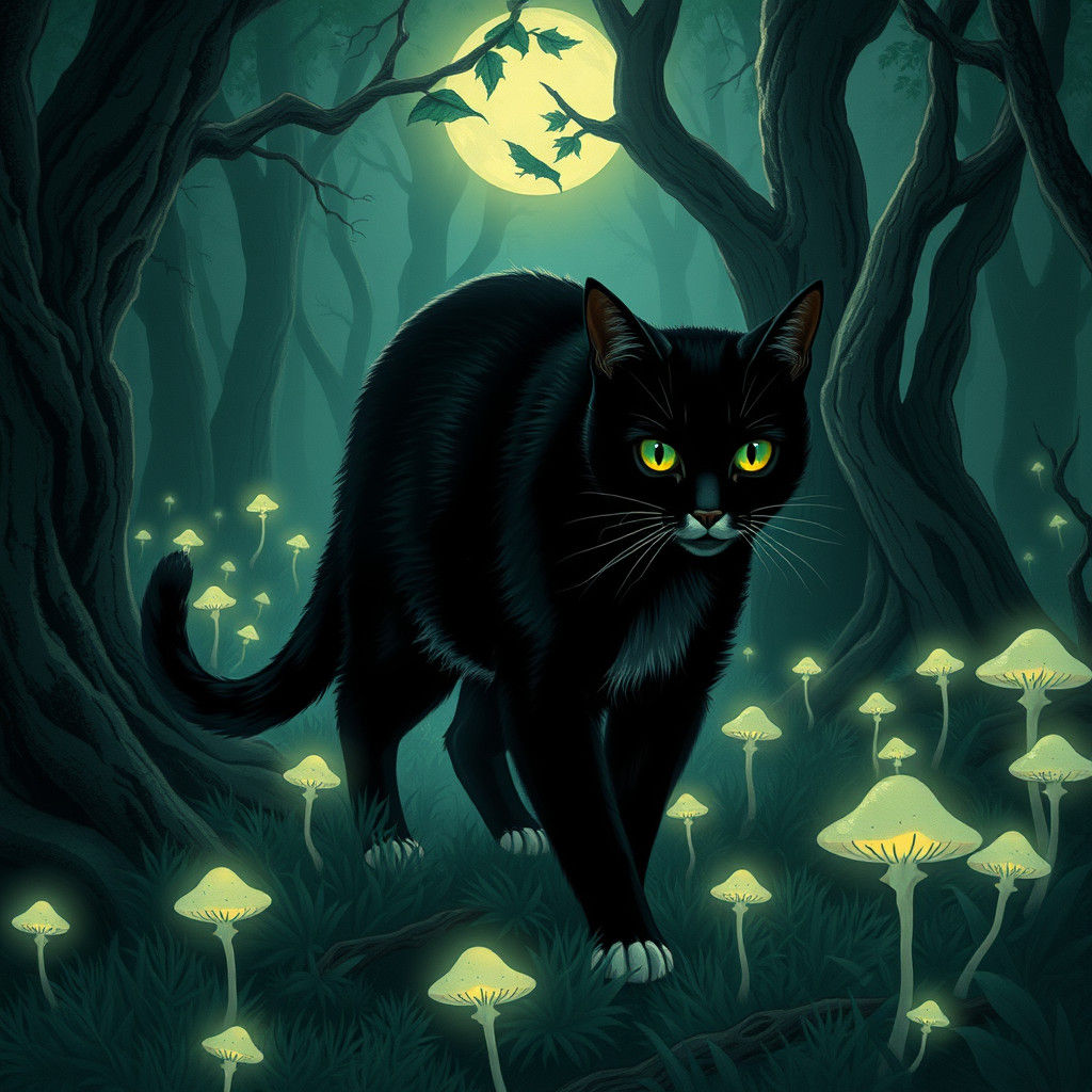 Black Cat Prowls in Mystical Moonlit Forest