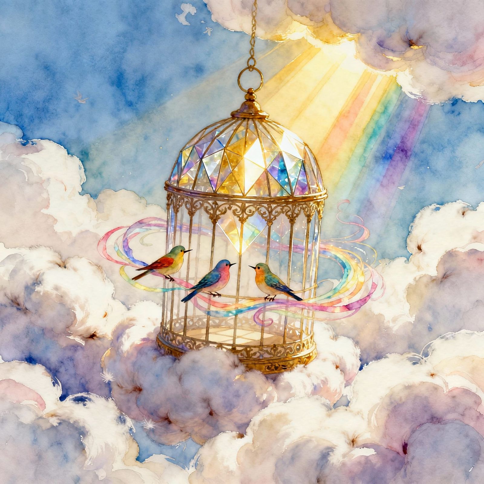 Whimsical Birdcage in Cotton Clouds with Pastel Ribbons