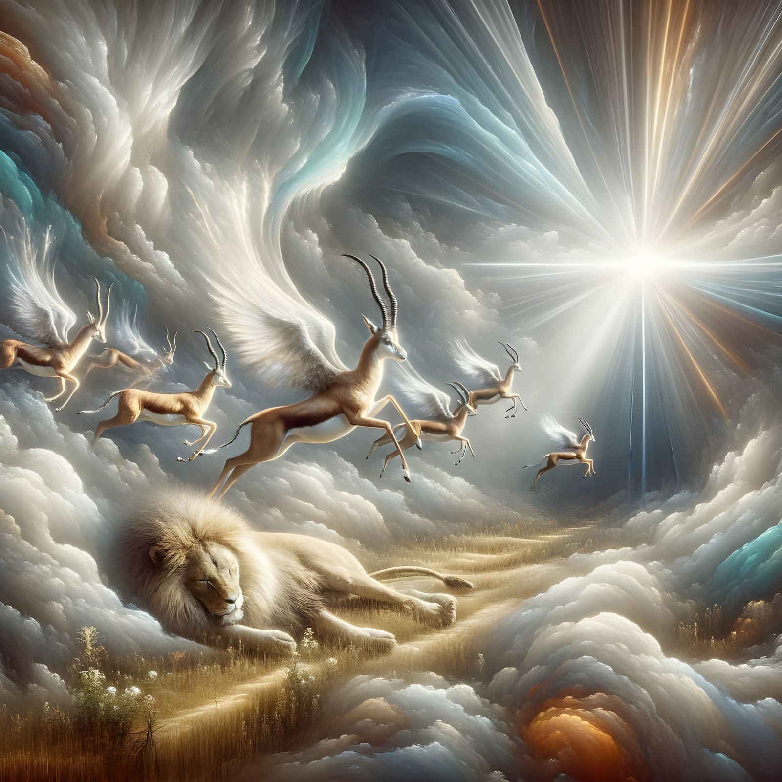 Graceful Gazelles Leap Over Sleeping Lions in Holy Cloud Pra...