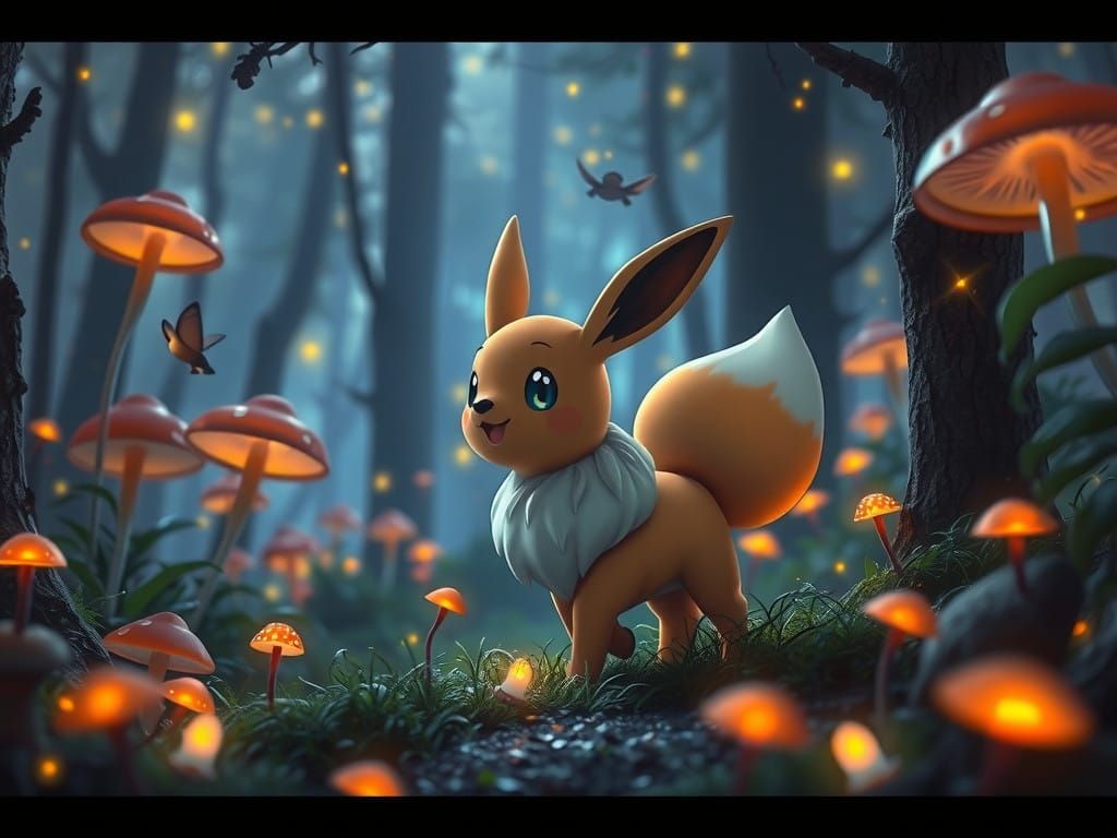 Eevee in a Mystical Forest with Glowing Mushrooms and Firefl...