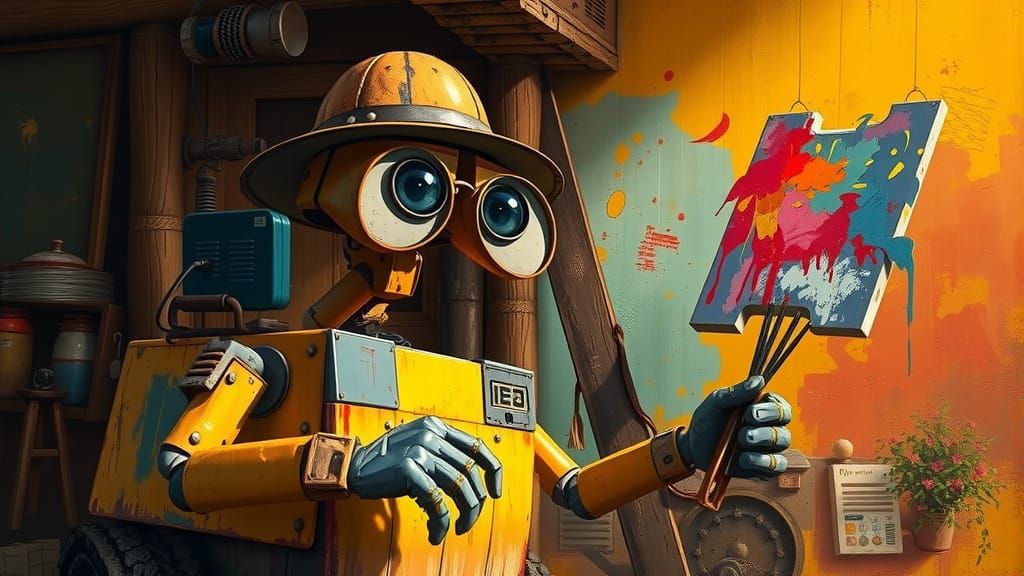 Wall-E Painting a Spaceship in HDR Oil Painting Style