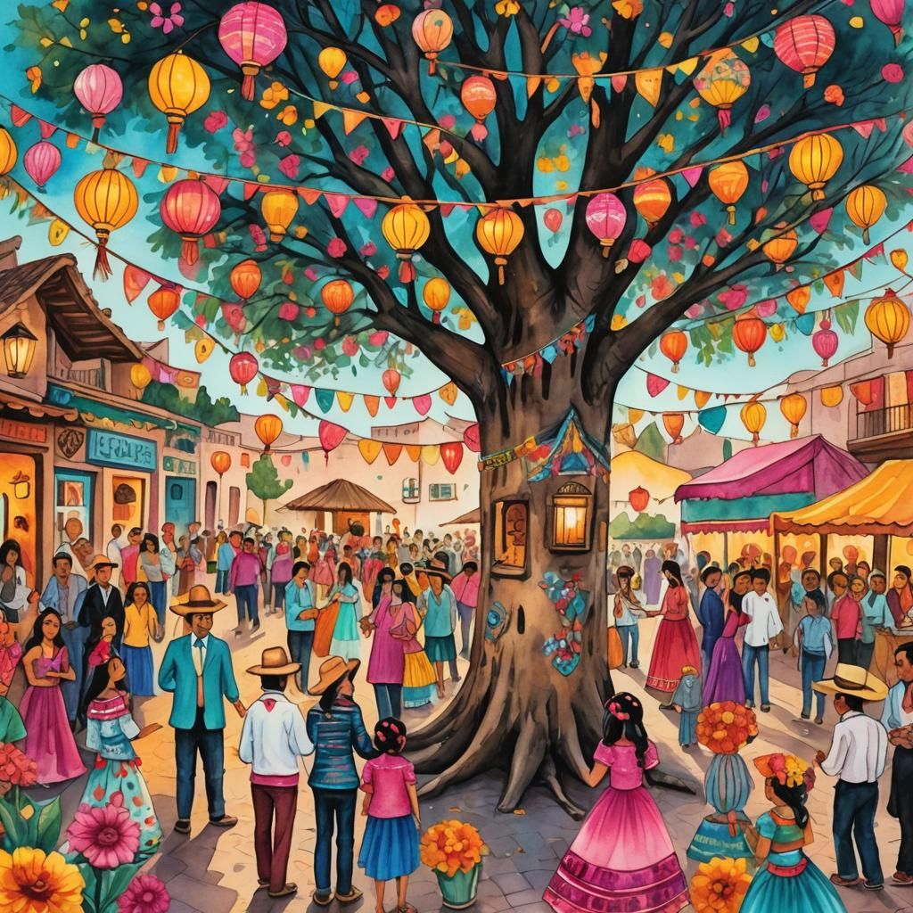 Colorful Mexican Folk Art Celebration in Watercolor