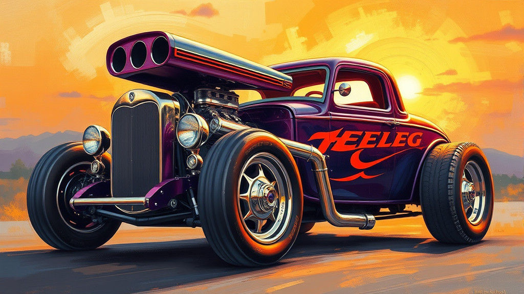 Vibrant Hot Rod with Sunset, in Oil Painting Style