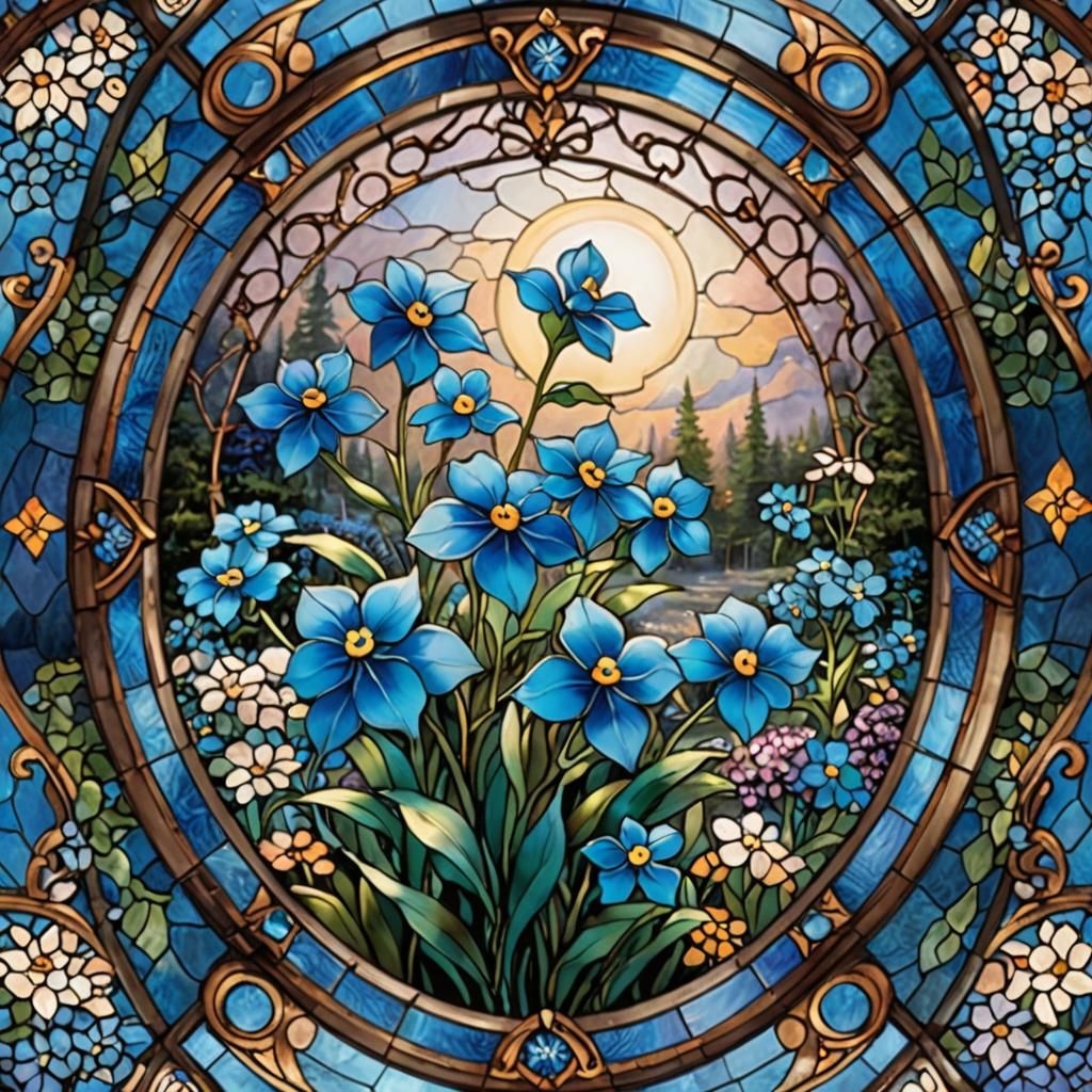 Blue Stained Glass Forget-Me-Not in Ethereal Mist