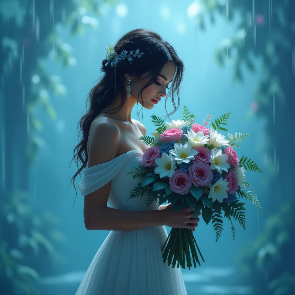 Woman with Flowers in Surreal Rainy Scene