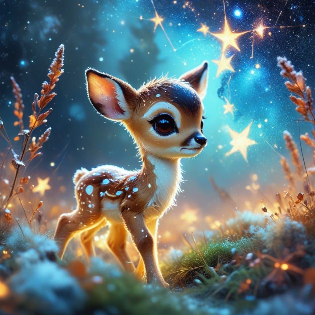 Whimsical Baby Fawn in Bioluminescent Constellation Night Sk...