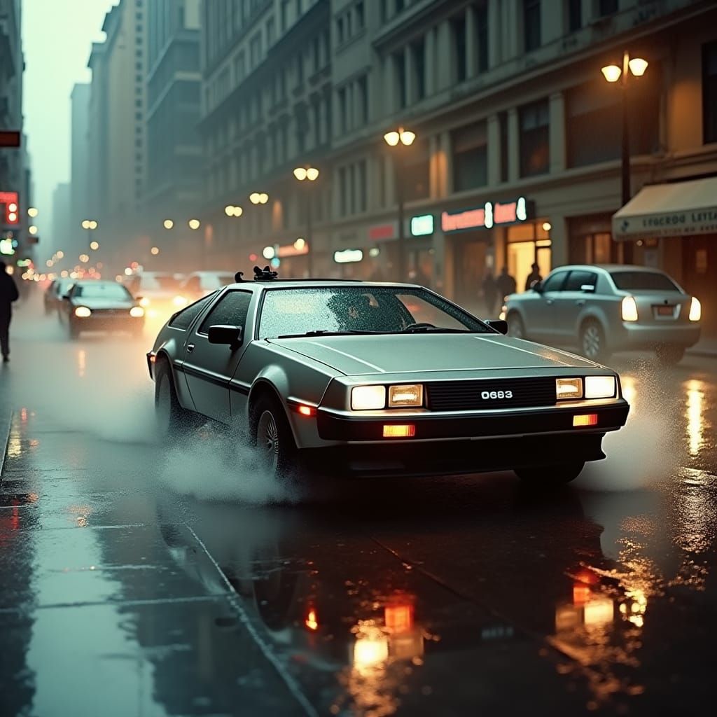 DeLorean Slides on Rain-Soaked City Street: Cinematic Still