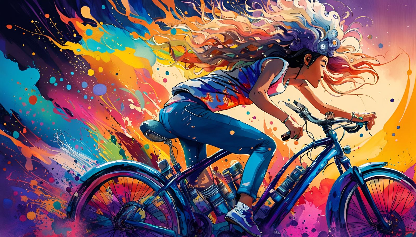 Joyful Bike Ride with Music, Expressionistic Style