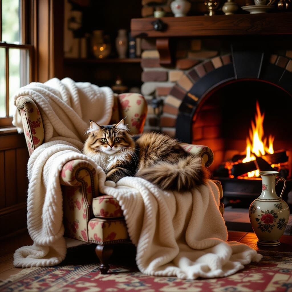 Cozy Cat in Cottagecore Style Armchair