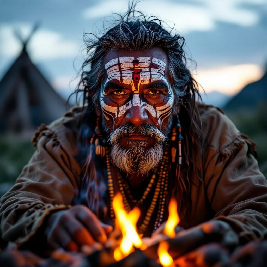 Tribal Medicine Man Portrait by Campfire