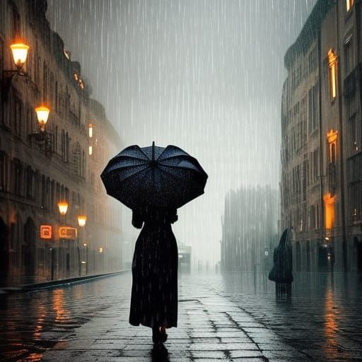 Woman Walking in Rainy City Street: Cinematic Digital Art