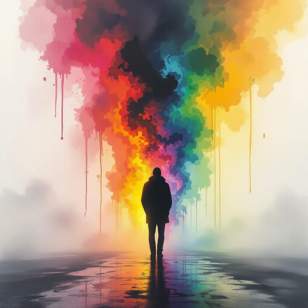 Silhouette in Fog: Polychromatic Street Art Style