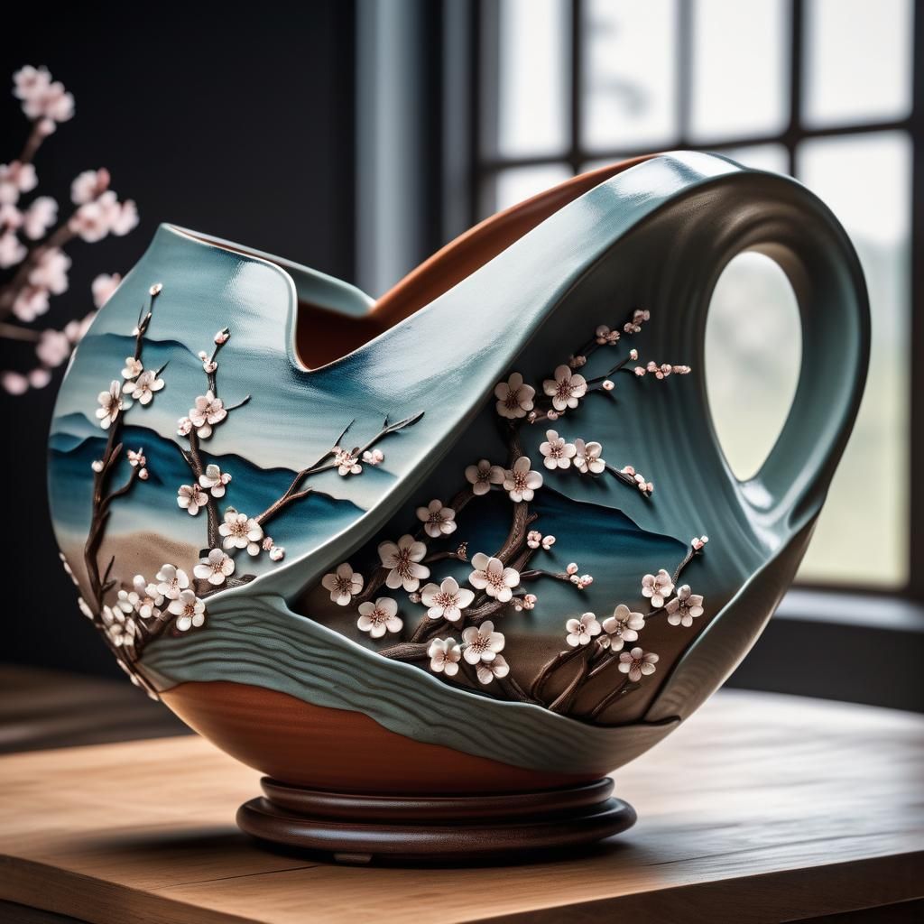 Whimsical ceramic cherry blossom sculpture with a elegant wooden frame